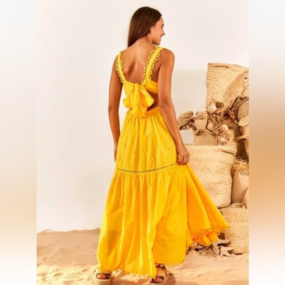 FARM RIO Yellow 3D Flowers Cotton Maxi Dress Crochet Embroidery SZ M - Picture 3 of 6